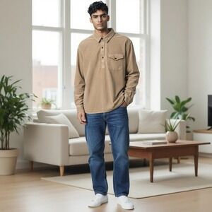 Lucky Brand Corduroy Shirt Mens L Tan 1/4‎ Button Up Long Sleeve Casual Top